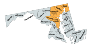 Map of Maryland Counties with Cecil, Harford, Baltimore, Howard and Anne Arundel County highlighted